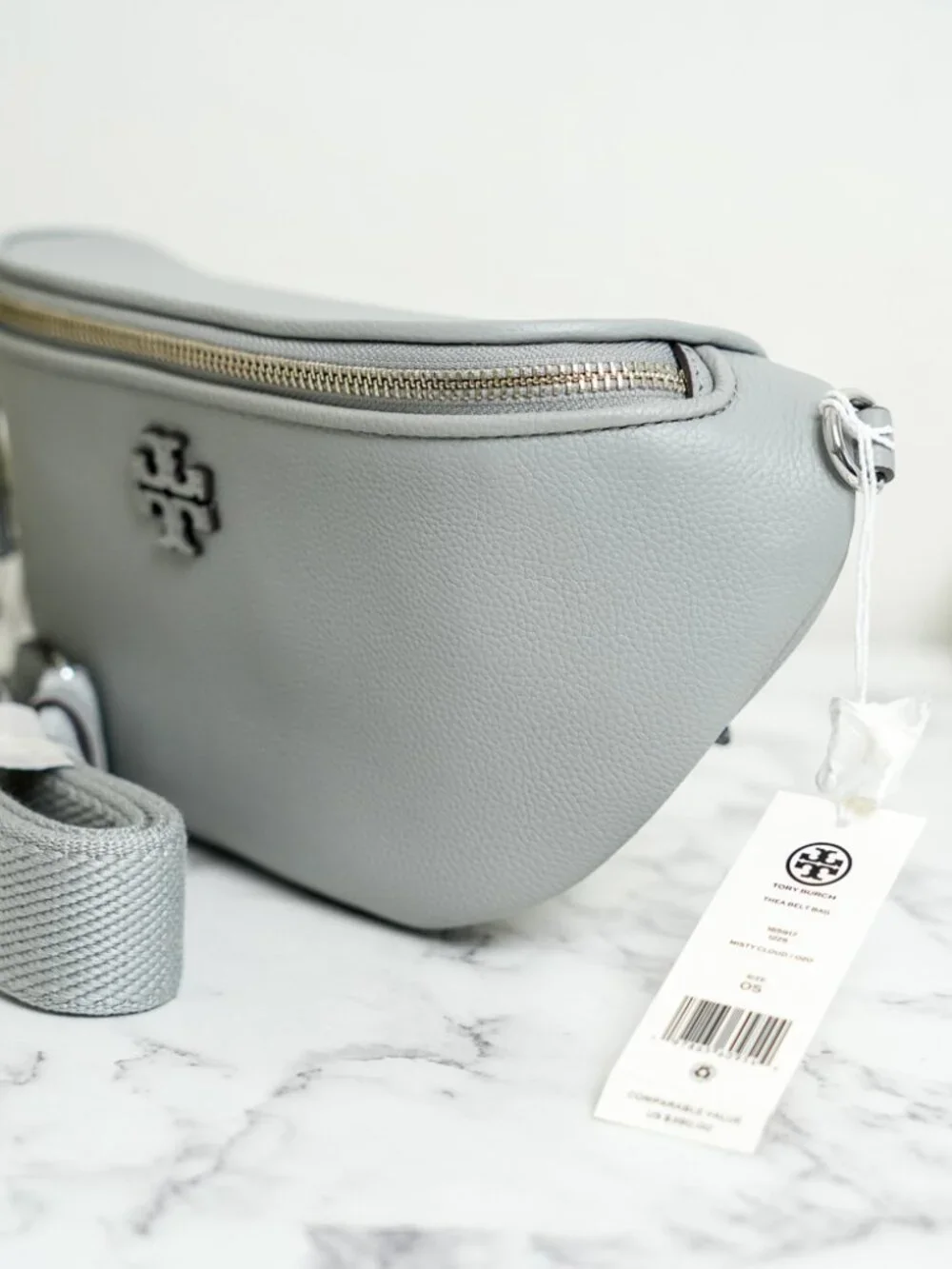 Tory Burch Thea Pebbled Leather Belt Bag Fanny Pack in Misty Cloud 165917 NWT